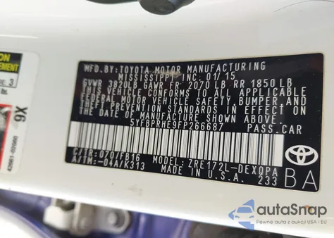 2015 Toyota Corolla Le Eco из США, поврежденный, VIN 5YFBPRHE9FP266687